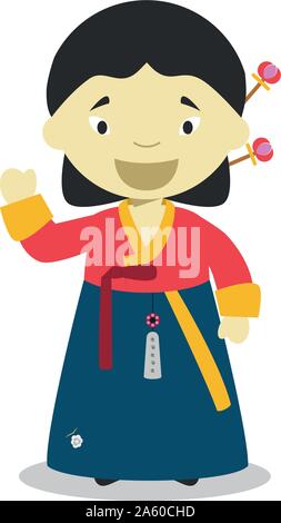 Carattere dalla Corea del Sud vestito in modo tradizionale con hanbok. Illustrazione Vettoriale. I bambini del mondo collezione. Illustrazione Vettoriale