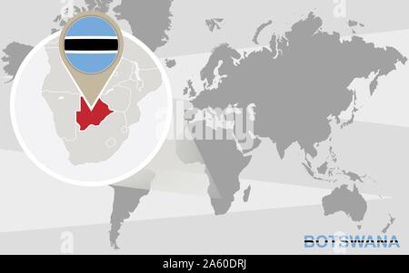 Mappa del mondo con ingrandito il Botswana. Bandiera del Botswana e della mappa. Illustrazione Vettoriale