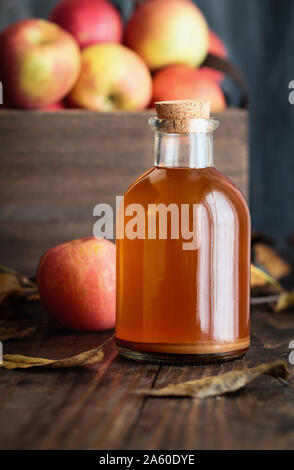 Sidro di mela aceto con la madre, lieviti e batteri sani, circondato da mele fresche. Apple di aceto di sidro è stata a lungo utilizzata nella naturopatia a Foto Stock