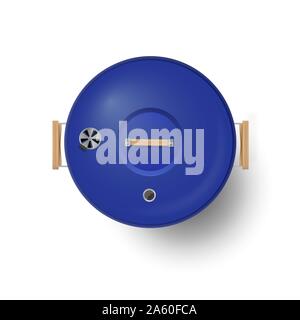 Round chiuso blu grill barbecue vista superiore realistico illustrazione vettoriale. Illustrazione Vettoriale