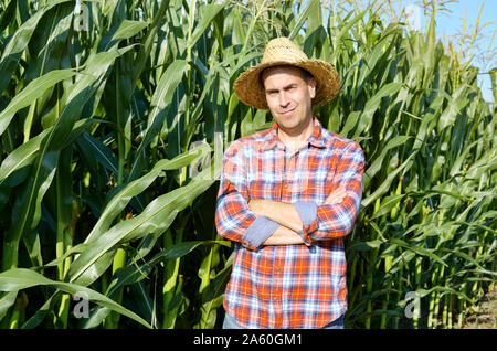L'agricoltore nel cappello di paglia con due mani incrociate in piedi nella parte anteriore del mais verde campo di mais