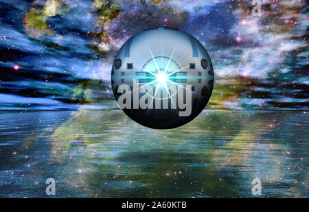 La fantascienza illustrazione di un pianeta alieno paesaggio con una strana sfera metallica Foto Stock