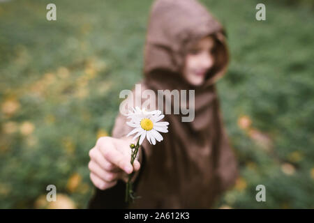 Ragazzo presentando la camomilla, close-up Foto Stock