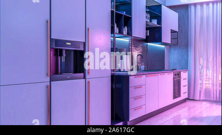 Cucina moderna con luci LED colorate. Striscia luminosa di colore