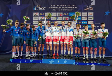 17 ottobre 2019 Apeldoorn, Paesi Bassi Trackcycling Campionato europeo 2019 Team Italia: CONSONNI Simone, GANNA Filippo, LAMON Francesco, PLEBANI Davide Team Danimarca: HANSEN Lasse Norman, JOHANSEN Julius, MADSEN Frederik, PEDERSEN Rasmus of Denmark Team Gran Bretagna: CLANCY Edward, HAYTER Ethan, TANFIELD Charlie, WOOD Oliver Foto Stock