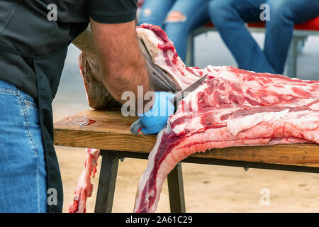 Butcher nel processo di macellazione e produzione tradizionale di suino iberico e estrarre diverse parti del suino iberico nel 2019 prosciutto iberico fiera di un Foto Stock