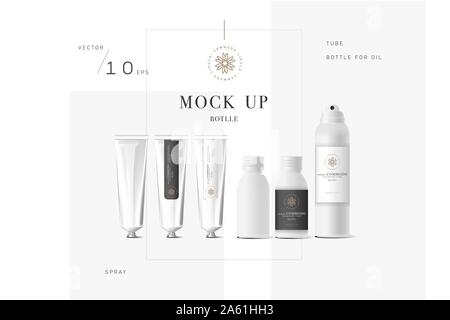 Realistico bianco crema cosmetica contenitore e il tubo per la crema, unguento, pasta dentifricia, lozione Mock up bottiglia con etichetta di design. Pompa di sapone. Contenitori per Illustrazione Vettoriale