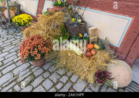 Bad Windsheim, Germania - 16 Ottobre 2019: vista sul pavimento di pietra e autunno decorazioni con fiori, zucche e frutta Foto Stock