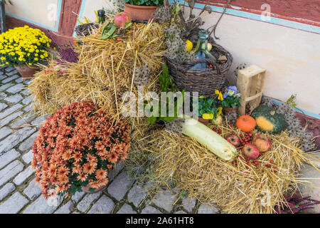 Bad Windsheim, Germania - 16 Ottobre 2019: vista sul pavimento di pietra e autunno decorazioni con fiori, zucche e frutta Foto Stock