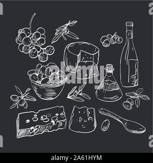 Set di disegnati a mano il cibo di olio di oliva e il formaggio differenti Illustrazione Vettoriale