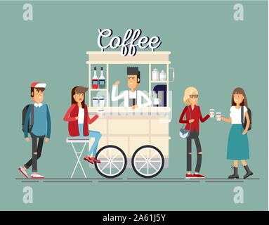 Creative vettore dettagliate street carrello caffè o negozio con macchina per il caffè espresso, sciroppo di bottiglie, tazze monouso e con il venditore. I giovani aventi un caffè Illustrazione Vettoriale