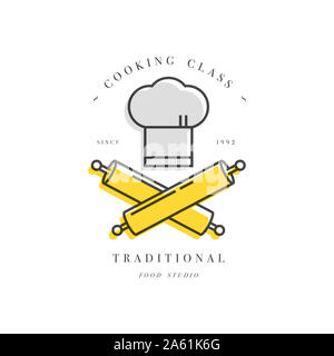 Lezione di Cucina design lineare elemento, emblema della cucina, simbolo o icona di studio alimentare etichetta. Corsi di cucina modello segno o logo, identità, culinario scho Foto Stock