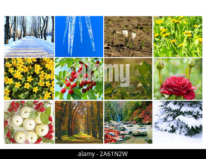 Bianco con dodici diverse immagini colorate della natura per il calendario. Foto pronta per il calendario. Le foto per il calendario annuale. Striscione per Office Foto Stock