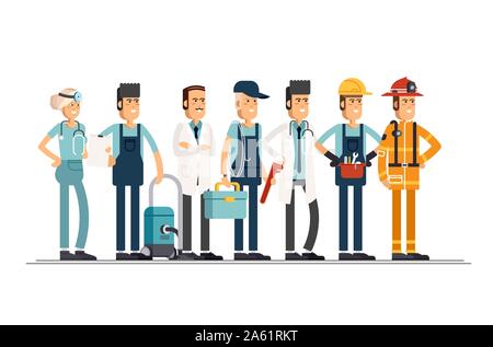 Festa del lavoro. Un gruppo di persone di diverse professioni su uno sfondo bianco. Illustrazione Vettoriale in uno stile piatto Illustrazione Vettoriale