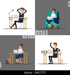 Raffreddare il vettore set di caratteri piatto design su businessmans office e business donna lavoro in ufficio dietro la loro scrivania con computer desktop listenin Illustrazione Vettoriale