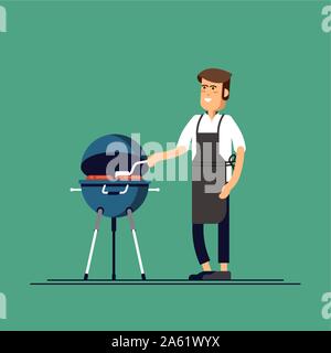 L uomo è la cottura di un barbecue. Friggere la carne e le salsicce sul fuoco. Illustrazione Vettoriale in stile piatto Illustrazione Vettoriale