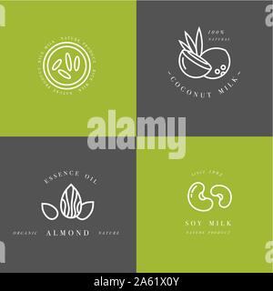 Set di vettore di confezionamento di elementi di design e le icone in stile lineare - mandorle, noci di cocco, riso e latte di soia - vegano sano bevande. Segno del logo Illustrazione Vettoriale