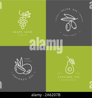 Set di vettore di packaging design e modelli di emblemi in stile lineare - Bellezza e cosmesi - oli di noce di cocco, avocado, olio d'oliva e di semi di uva Illustrazione Vettoriale