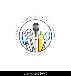 Lezione di Cucina design lineare elemento, emblema della cucina, simbolo o icona di studio alimentare etichetta. Corsi di cucina modello segno o logo, identità, culinario scho Illustrazione Vettoriale