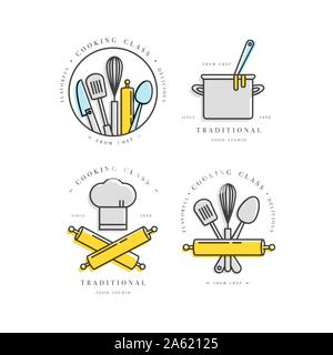 Classe di Cucina lineare elementi di design, set da cucina emblemi, simboli o icone di studio alimentare etichette e contrassegni collezione. Corsi di cucina corsi di segni templa Illustrazione Vettoriale