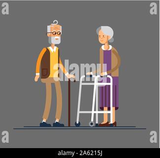 Pensionati anziani senior età matura in creative vettore piana character design. Il nonno e la nonna in piedi a lunghezza piena sorridente. Nonni con il Visitatore occasionale Illustrazione Vettoriale