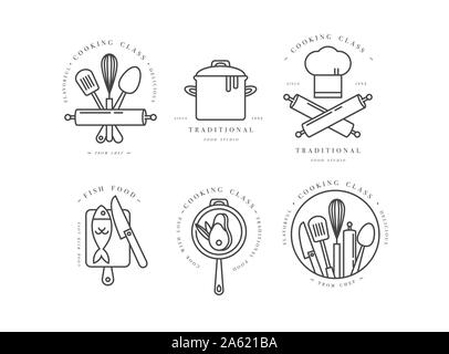 Classe di Cucina lineare elementi di design, set da cucina emblemi, simboli o icone di studio alimentare etichette e contrassegni collezione. Corsi di cucina corsi di segni templa Illustrazione Vettoriale