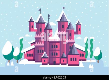 Illustrazione Vettoriale per bambini con fata rosa il castello e il paesaggio invernale. Palazzo del ghiaccio in inverno. Castello innevato Illustrazione Vettoriale