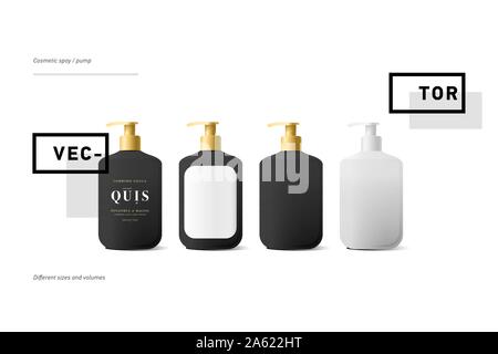 Set di realistica bottiglia nera di sapone liquido in uno sfondo bianco. Bottiglia di cosmetici per una crema, shampoo, olio, gel. Mock up. Design etichetta per contenitore. Illustrazione Vettoriale