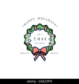 Bella Merry Xmas concept design piatto con corona verde decorato con nastro rosso e il Golden Globe. Tipico di Avvento e Natale ornamento domestico de Illustrazione Vettoriale