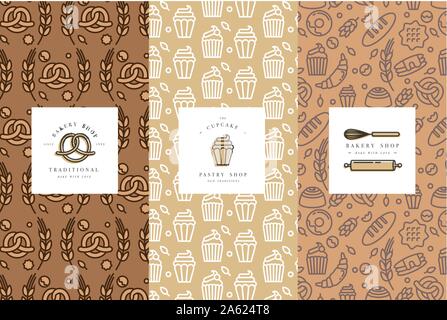 Set di vettore di modelli di progettazione e gli elementi per il confezionamento di prodotti da forno in disegno alla moda in stile lineare. Doodle elementi con etichetta di design e logo. Illustrazione Vettoriale