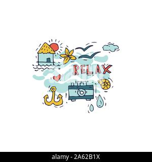 Collezione di surf con icone disegnate a mano e vacanze estive per il vostro design. Turismo e tema vacanza. Illustrazione Vettoriale