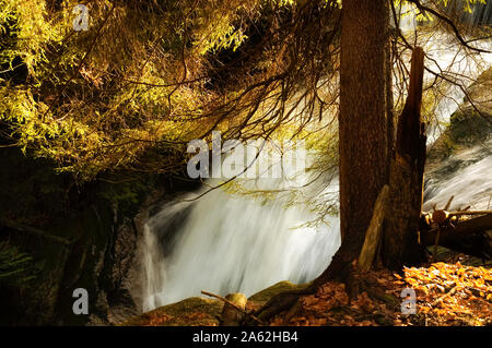 Vista laterale di una cascata al tramonto. Le foglie degli alberi evidenziate e colorate dal sole al tramonto. Lungo tempo di esposizione. Foto Stock