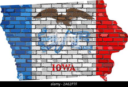 Iowa mappa su un muro di mattoni - illustrazione, lo Stato di Iowa mappa con bandiera all'interno Illustrazione Vettoriale