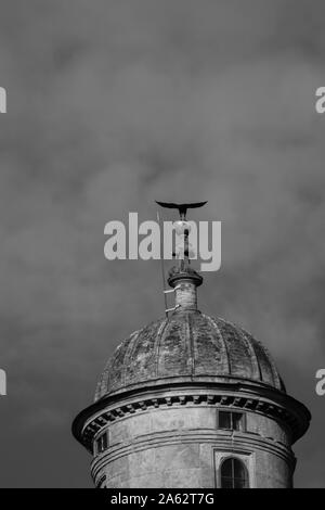 Immagine in bianco e nero di corvi che circondano la torre di Wollaton Hall di Nottingham Foto Stock