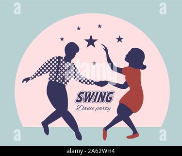 Swing dance party poster. Sagome di uomo e donna dancing lindy hop o Boogie woogie. Quaranta e Cinquanta stile. Appartamento illustrazione vettoriale. Illustrazione Vettoriale