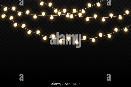 Le luci di Natale isolato su sfondo scuro. Realistiche le lampadine della luce. Filo incandescente con luci luminose. Ghirlanda di partito con elementi luminosi. Holiday temp Illustrazione Vettoriale