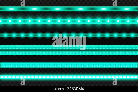 Neon set realistico. Led verde luci scuro su sfondo trasparente. Strisce incandescente collezione. Luminose le linee luminose. Ripetuti elementi leggeri. Vecto Illustrazione Vettoriale