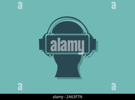 La realtà virtuale auricolare, silhouette con high tech dispositivo e testa umana, illustrazione vettoriale icona Illustrazione Vettoriale