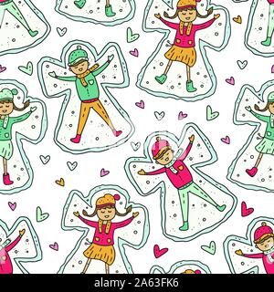 Inverno vettore seamless pattern. Natale doodle cartoon illustrazione con bambini rendendo gli angeli di neve. Ragazzo e una ragazza snowangel gioco gioco. Illustrazione Vettoriale