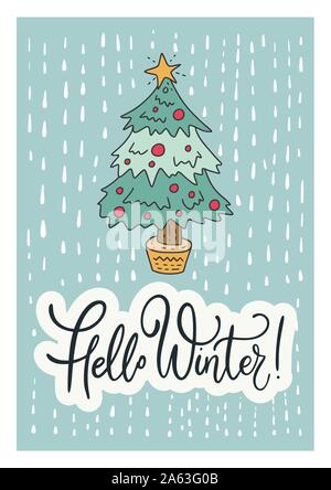 Vettore d'inverno card. Disegnata a mano Merry Christmas Cartoon Doodle arte con scritte preventivo - Ciao inverno e abete. Illustrazione Vettoriale