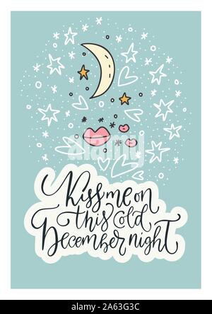 Vettore d'inverno card. Disegnata a mano Merry Christmas Cartoon Doodle la luna, le stelle, i fiocchi di neve arte con scritte preventivo - Kiss me su questo freddo dicembre notte. Illustrazione Vettoriale