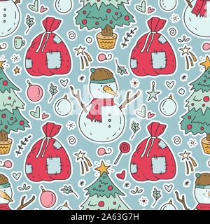 Inverno senza giunture vector pattern in disegnati a mano in stile scarabocchio. Babbi Natale Natale grande sacchetto rosso con presenta, Cartoon carino pupazzo di neve, abete e dolci caramelle. Illustrazione Vettoriale