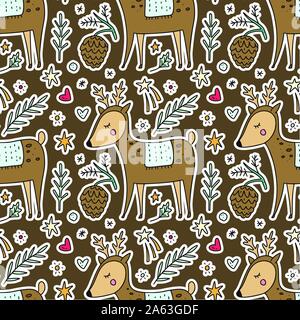 Seamless inverno disegno vettoriale. Natale Cartoon carino cervi illustrazione degli animali con pini, il cono di fiocchi di neve e altre vacanze elemento decorativo. Bosco di renne illustrazione. Illustrazione Vettoriale