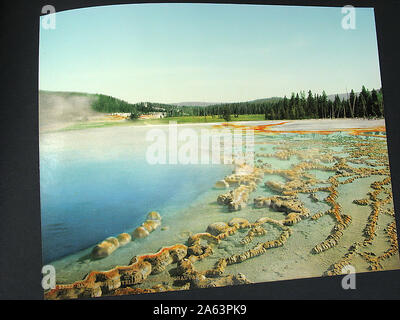 Nizza e vintage album contenente primi stile Photochrom colorizzato fotografie del Parco Nazionale di Yellowstone. Foto Stock