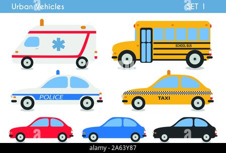 Set di veicoli urbani: automobili, ambulanza, taxi, scuola bus e auto della polizia. Illustrazione Vettoriale