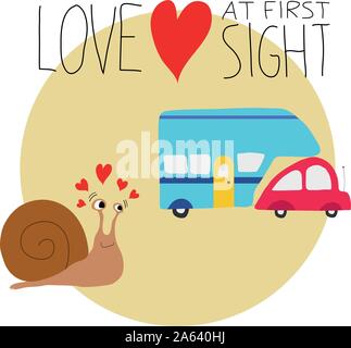 Illustrazione vettoriale di una lumaca innamorata di un'auto e di un rimorchio. Biglietto di auguri divertente San Valentino. Concetto di amore. Illustrazione Vettoriale