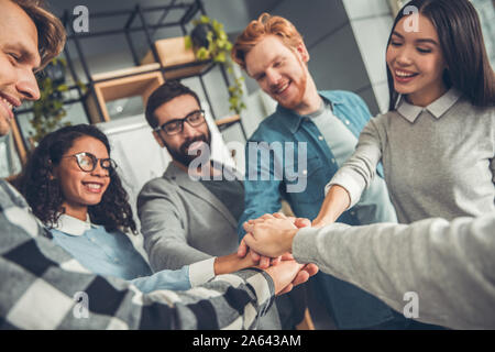 Startupers lavorando in ufficio insieme in piedi tenendo le mani di close-up allegro spirito di squadra Foto Stock