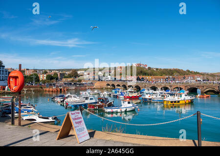 Barche ormeggiate nel bacino di Pent, interno porto di Folkestone, Regno Unito Foto Stock