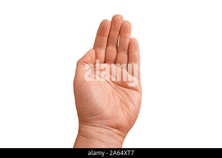 Aprire Palm con diritta chiusa a dito per adulti di guy. Gesto di man mano sul trasparente sfondo isolato. Closeup mockup Foto Stock