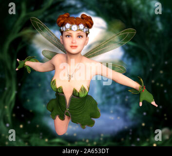 Attraente ragazza fairy volando attraverso un incantevole foresta magica, 3D Rendering immagine Foto Stock